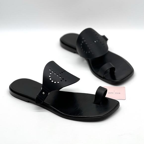 HERMES Hera Sandal Womens 39 8.5 Black Leather Cut Out H Toe Loop Flat Slide - Picture 2 of 16
